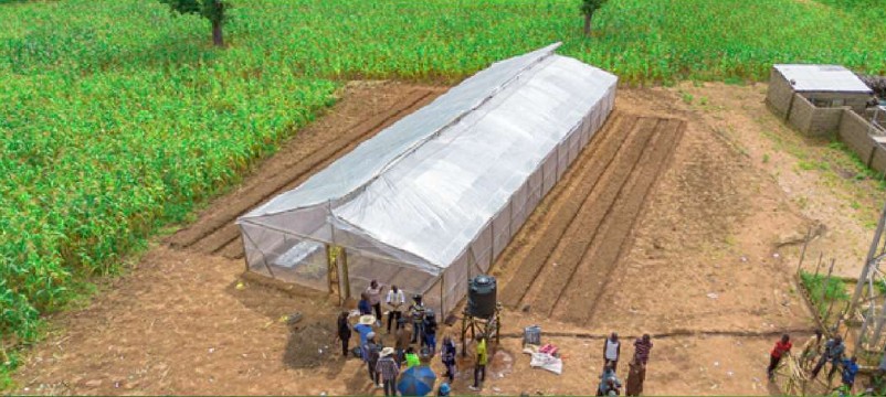 A completed community greenhouse viewed from above